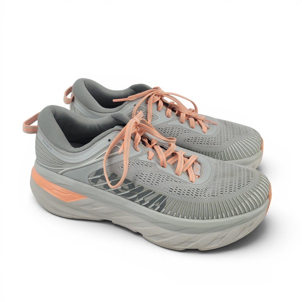 Hoka One One Bondi 7 Womens 9 Gray Peach Running Walking Athletic Shoes - Picture 2 of 8